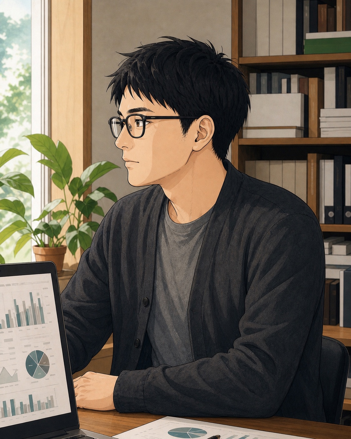 Illustrated portrait of Tomiya Tom wearing black-rimmed glasses