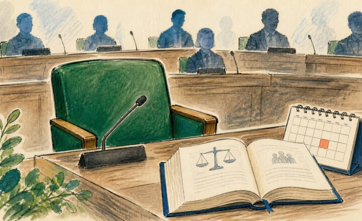 市議会の欠員と補欠選挙の条件を表す空席と法令集の手描き風イメージ