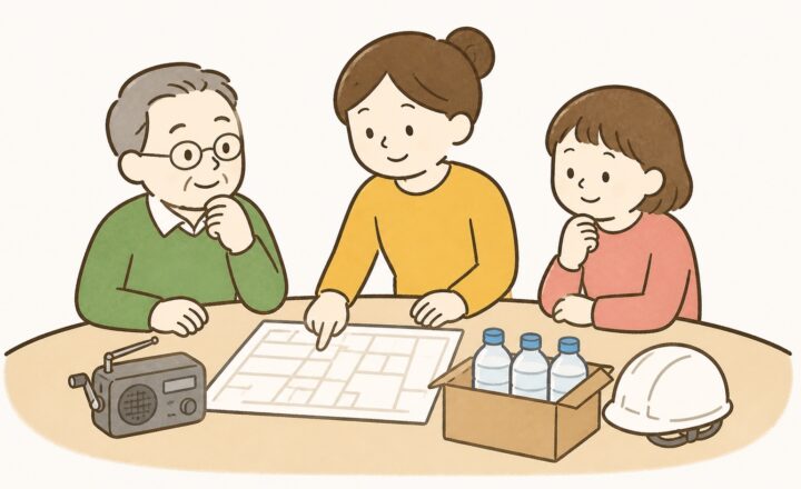 地域住民が地図、ラジオ、飲料水、ヘルメットを確認する防災活動のイラスト