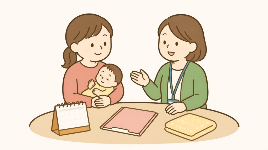 赤ちゃんを抱く母親が支援員とカレンダーや申請書を確認するイラスト