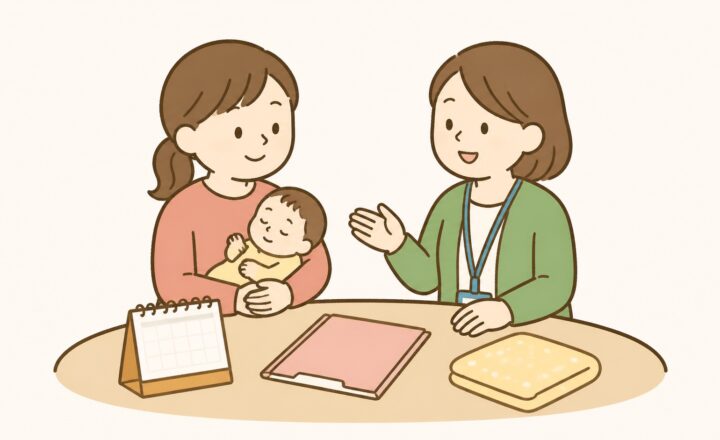 赤ちゃんを抱く母親が支援員とカレンダーや申請書を確認するイラスト