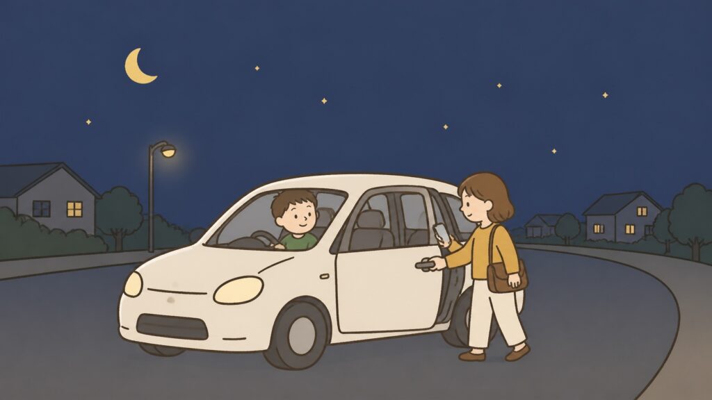 夜の住宅地でスマートフォンを持つ利用者が自家用車へ乗るイラスト