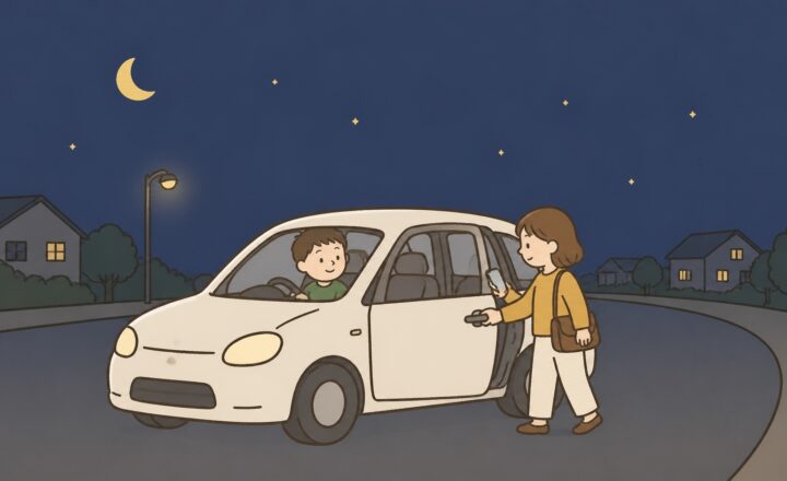 夜の住宅地でスマートフォンを持つ利用者が自家用車へ乗るイラスト