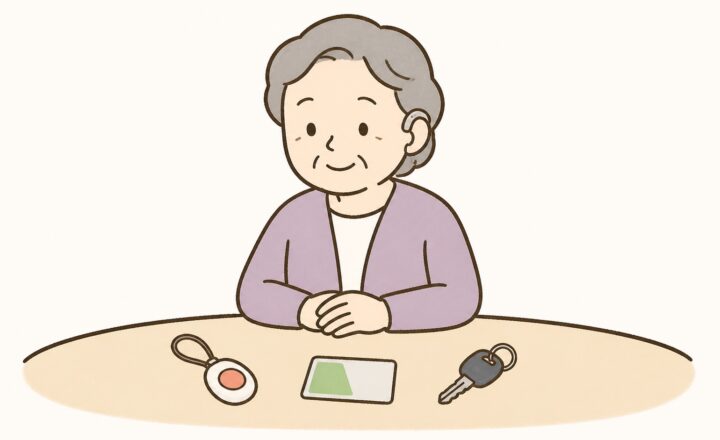 高齢者が補聴器、緊急通報端末、乗車証、車の鍵を並べるイラスト