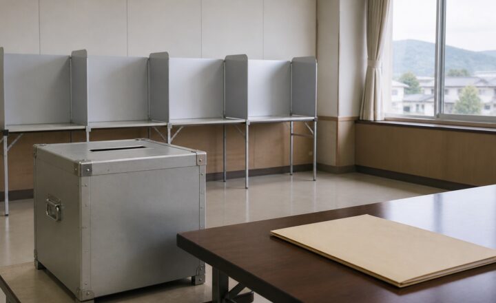 投票箱と空の記載台を表す編集イメージ