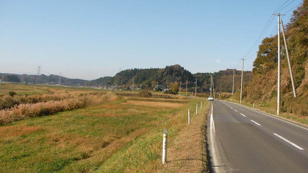 富谷市のブルーベリー農園の近く。刈り取り後の田と、丘陵へ続く道路