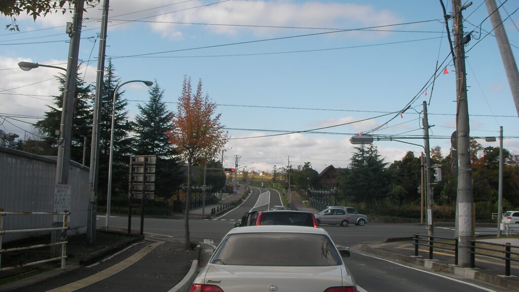 杜の丘団地の入り口の交差点。街路樹と歩道、住宅地へ続く道