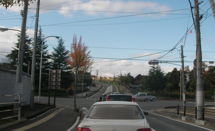 杜の丘団地の入り口の交差点。街路樹と歩道、住宅地へ続く道